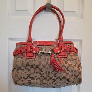 Coach Signature Canvas Shoulder Bag with Coral Trim